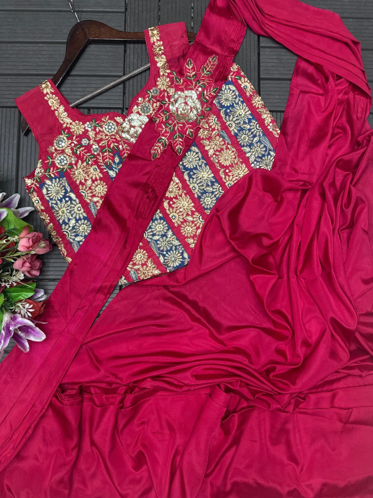 Heavy Crepe Embroidery Sequence Work Ready-to-Wear Saree with Fully Stitched Blouse(HB-213_1099)