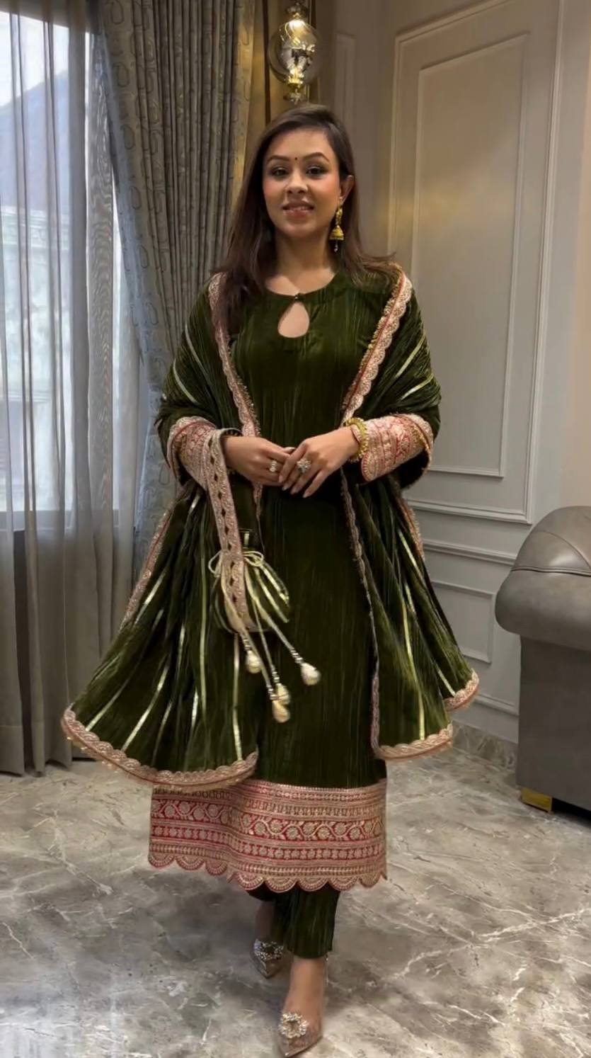 Designer Velvet Embroidered Top & Pant Set with Fancy Dupatta | Premium Party Wear