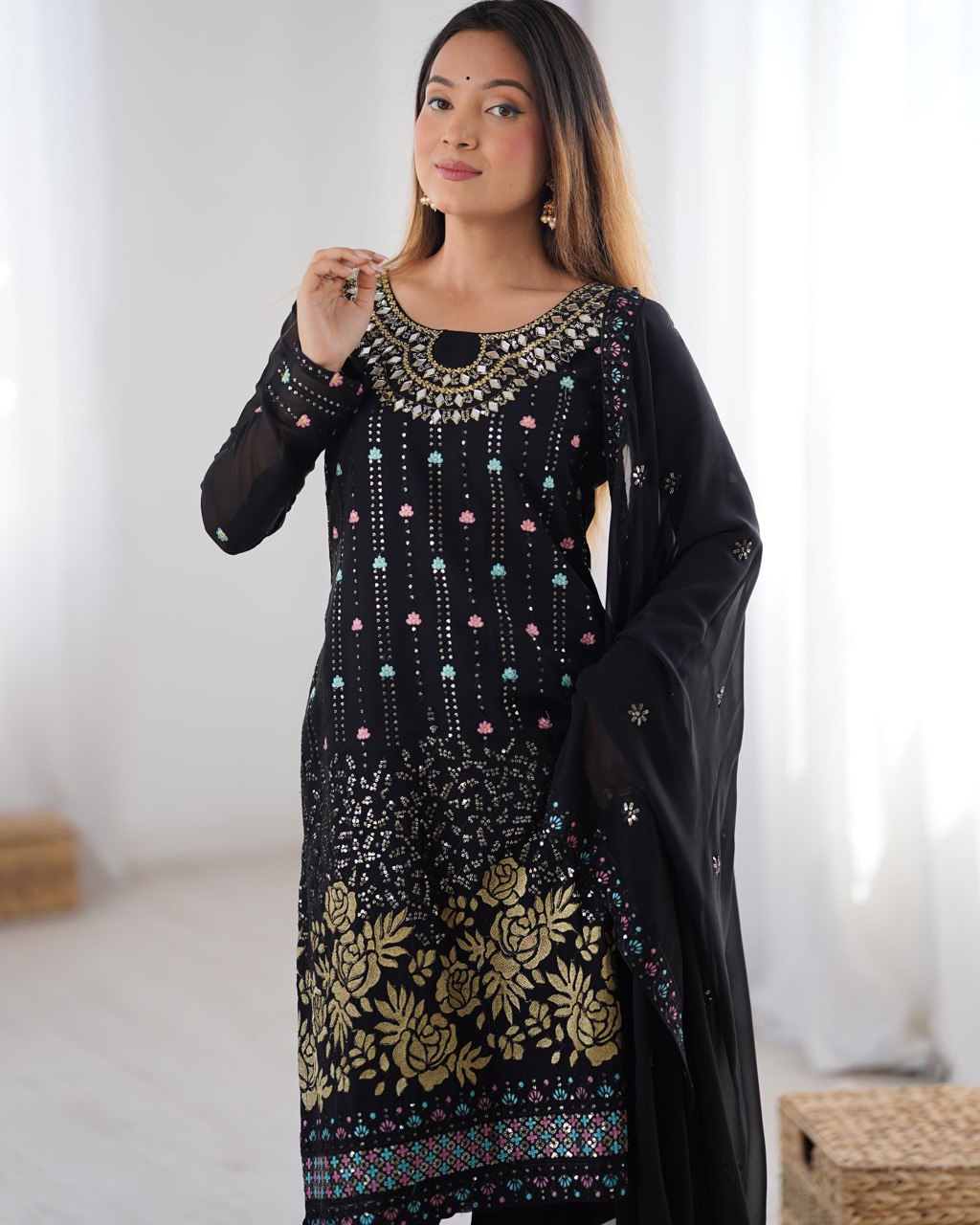 Designer Faux Georgette Suit with Real Mirror & Thread Work