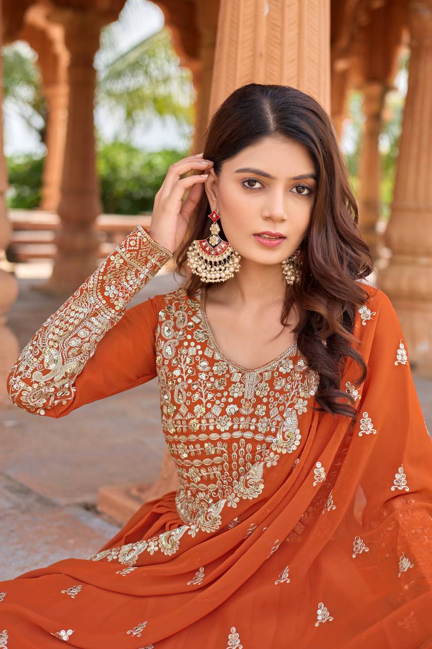 Elegant Party Wear Embroidered Georgette Anarkali Gown Set (Gown, Dupatta & Bottom)