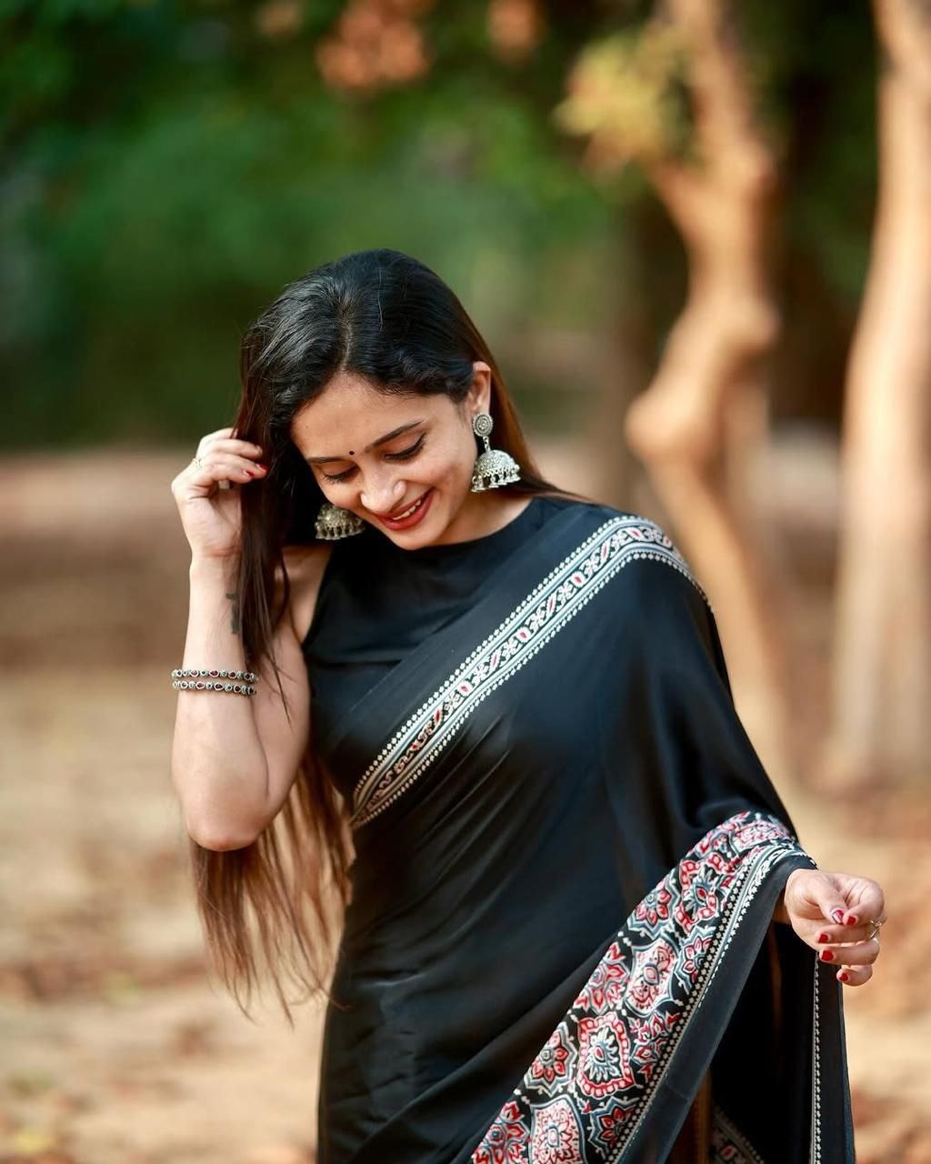 Pure Crepe Satin Ajrak Printed Saree with Rich Pallu