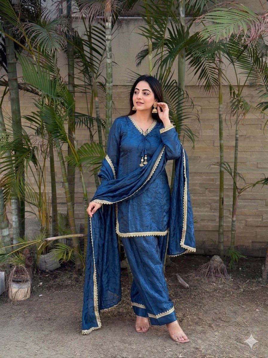 Premium Fendi Silk Embroidered Kurta Set with Mirror Work & Lace Border for Women-RO13902_1155