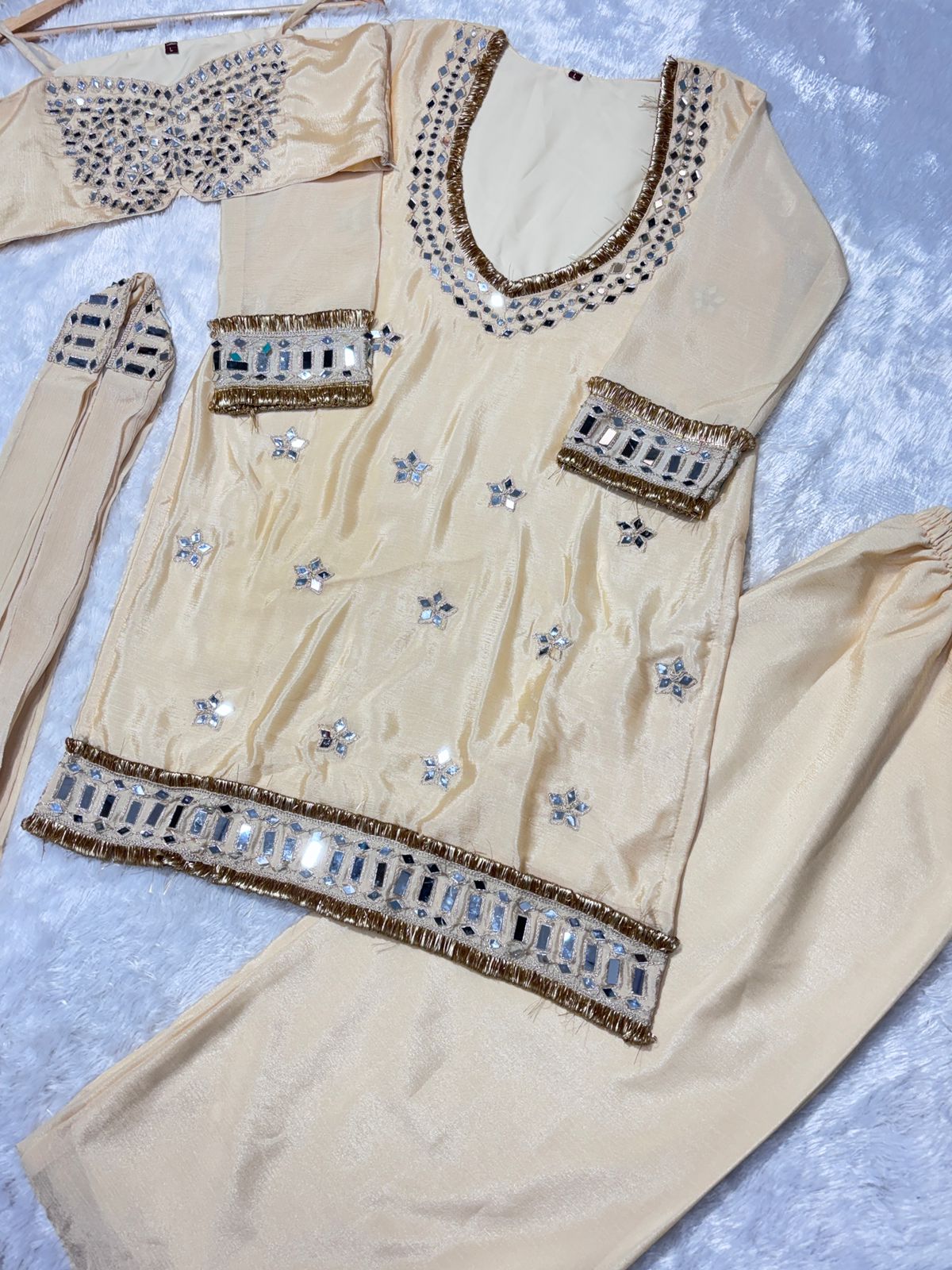 Elegant Chinon Party Wear Co-Ord Set with Bustier, Palazzo & Dupatta.