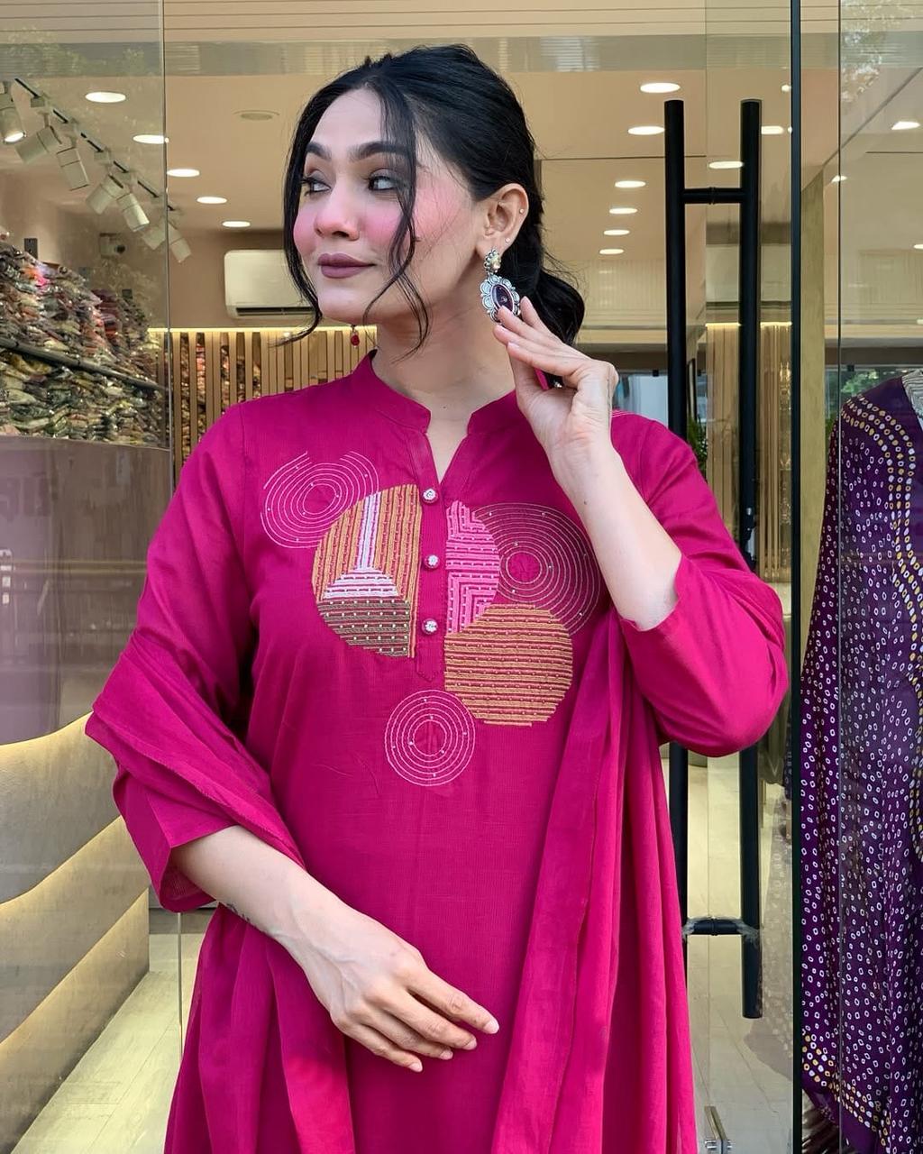 Designer Roman Fabric Suit Set with Embroidery & Chanderi Silk Dupatta (Mc-1134 ssvf-850)