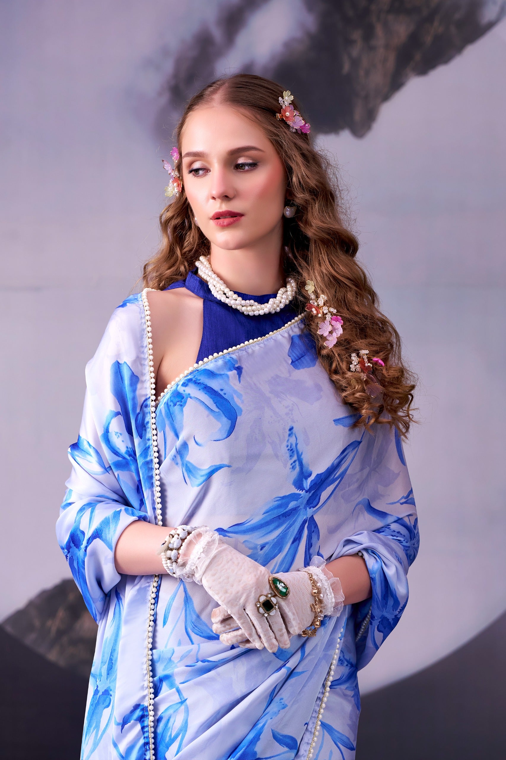 Satin Silk Floral Print Saree with Pearl Lace Border – KALKI-04.699SS