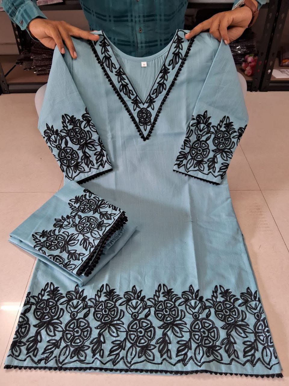 Tesla Cotton Slub Embroidered Kurti Set with Bottom – Free Shipping(SI-322 _550)