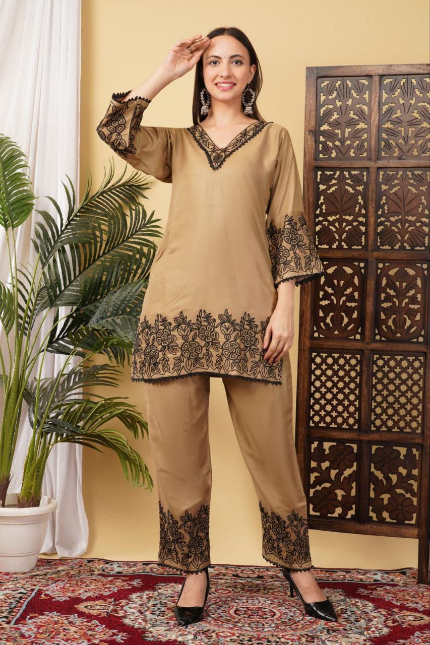 Tesla Cotton Slub Embroidered Kurti Set with Bottom – Free Shipping(SI-322 _550)