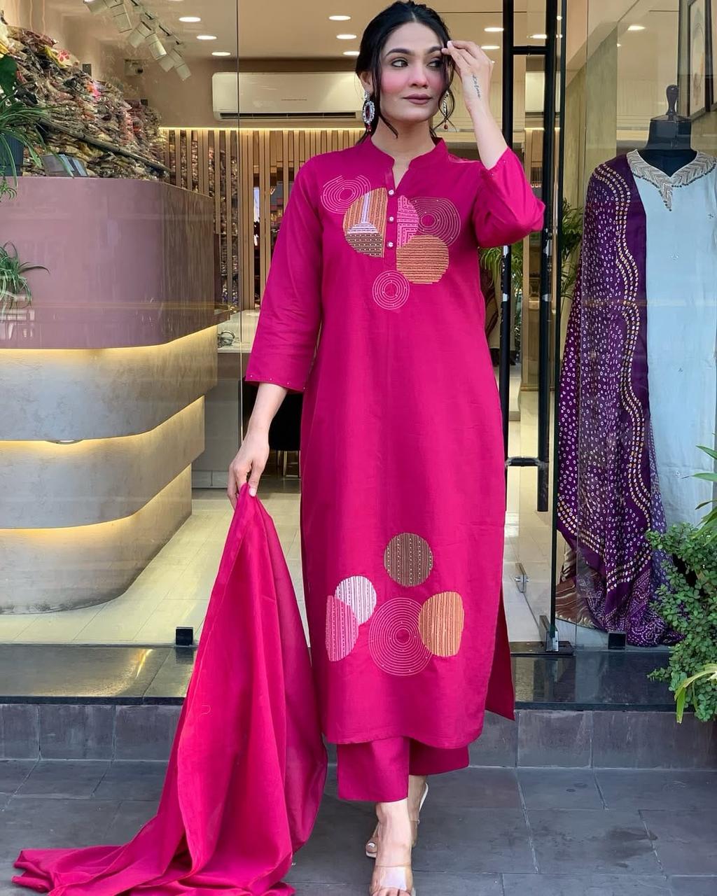 Designer Roman Fabric Suit Set with Embroidery & Chanderi Silk Dupatta (Mc-1134 ssvf-850)