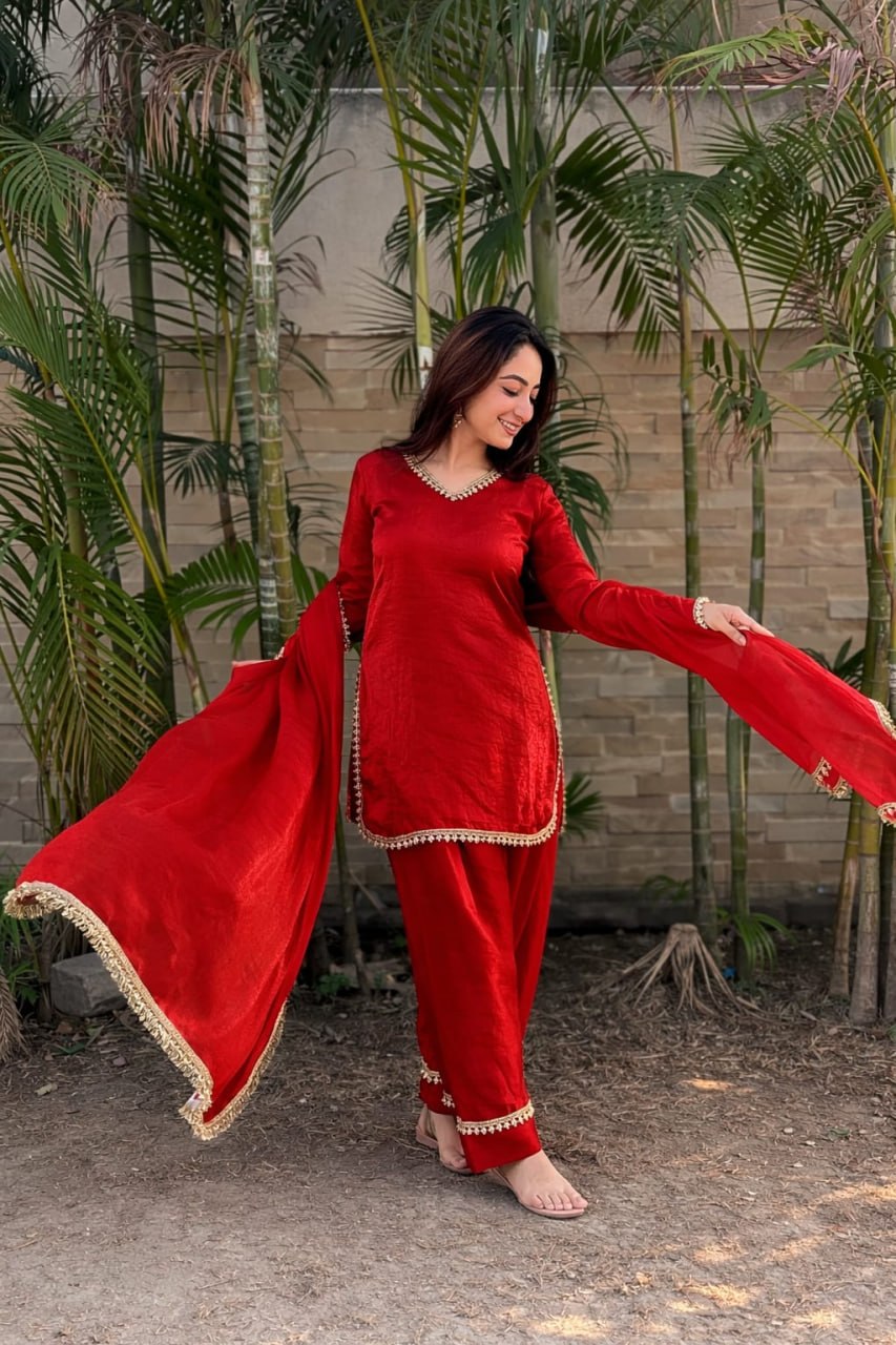 Premium Fendi Silk Embroidered Kurta Set with Mirror Work & Lace Border for Women-RO13902_1155