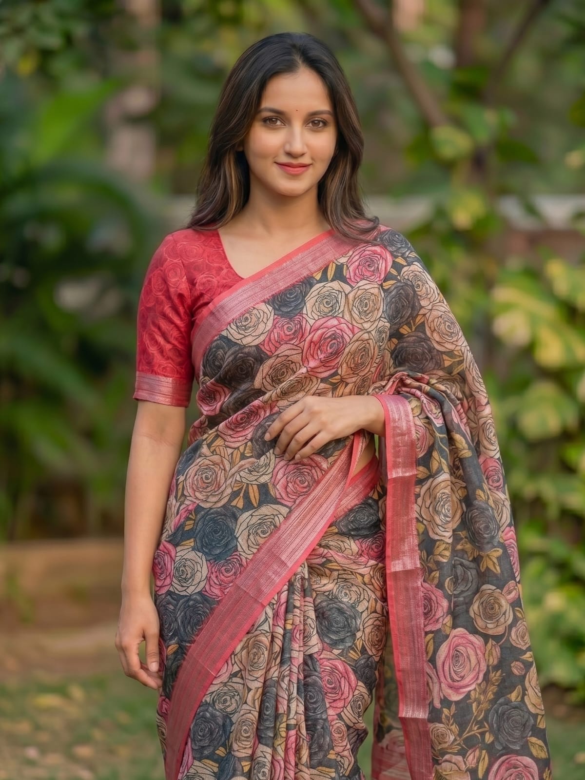 Linen Saree with Silver Jari Border – MG357.560SS
