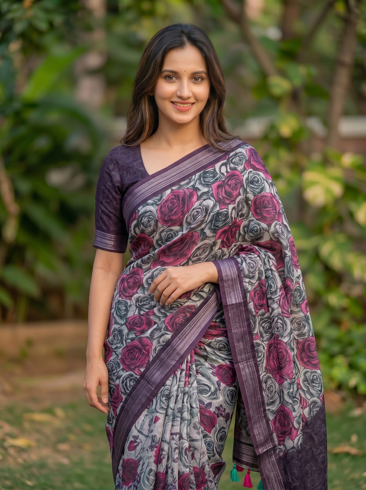 Linen Saree with Silver Jari Border – MG357.560SS