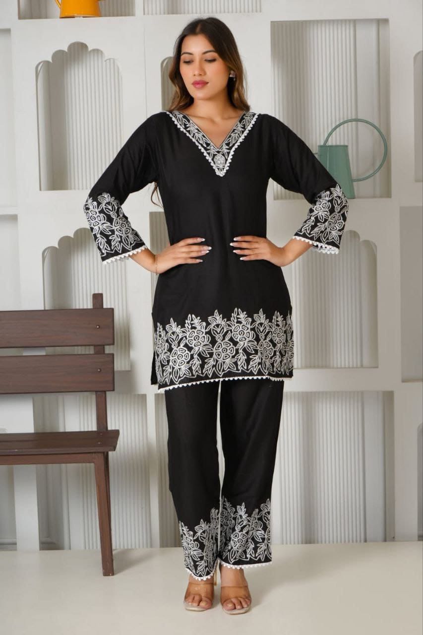 Tesla Cotton Slub Embroidered Kurti Set with Bottom – Free Shipping(SI-322 _550)