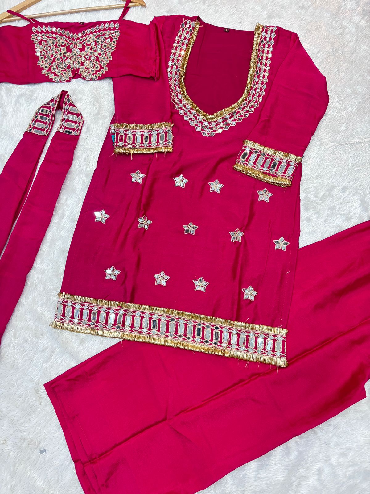 Elegant Chinon Party Wear Co-Ord Set with Bustier, Palazzo & Dupatta.