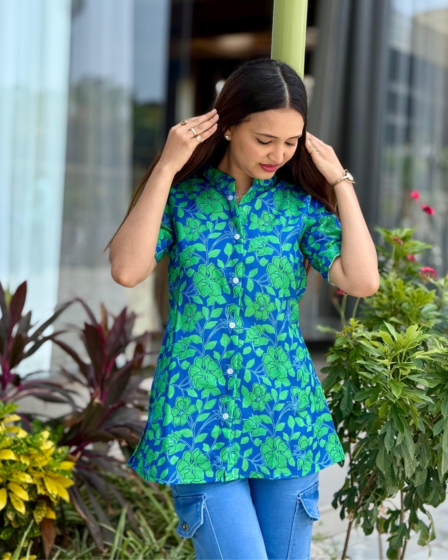 Green Floral Cotton Short Top