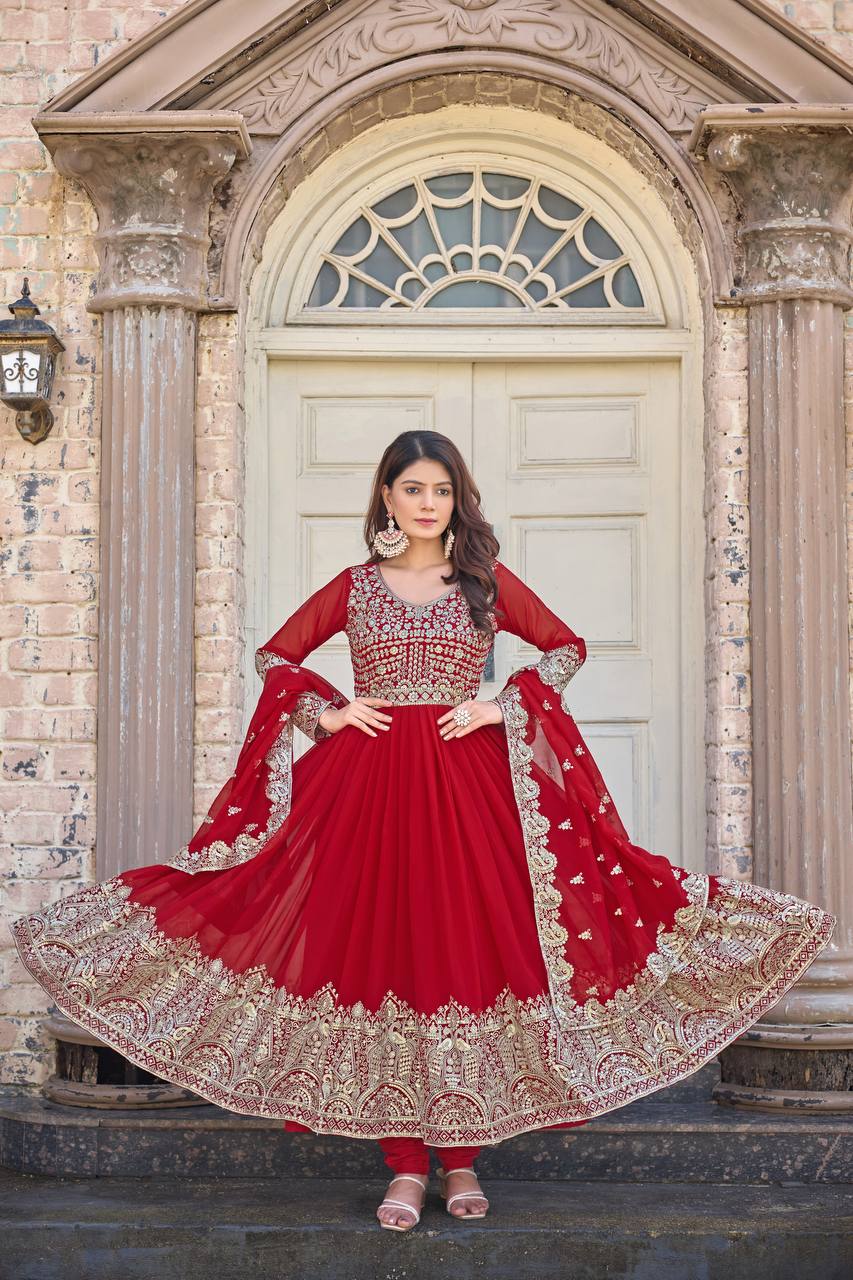 Elegant Party Wear Embroidered Georgette Anarkali Gown Set (Gown, Dupatta & Bottom)
