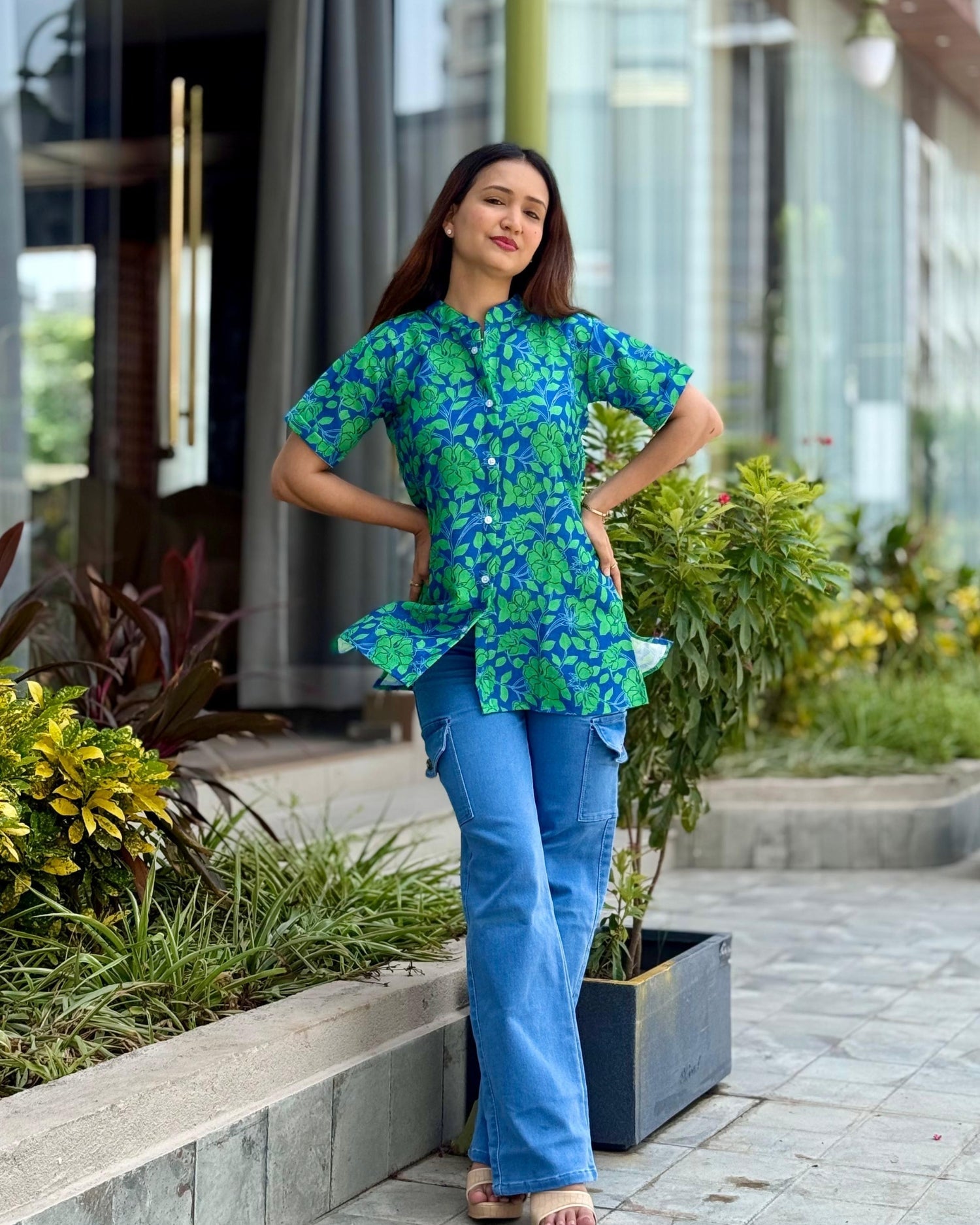 Green Floral Cotton Short Top