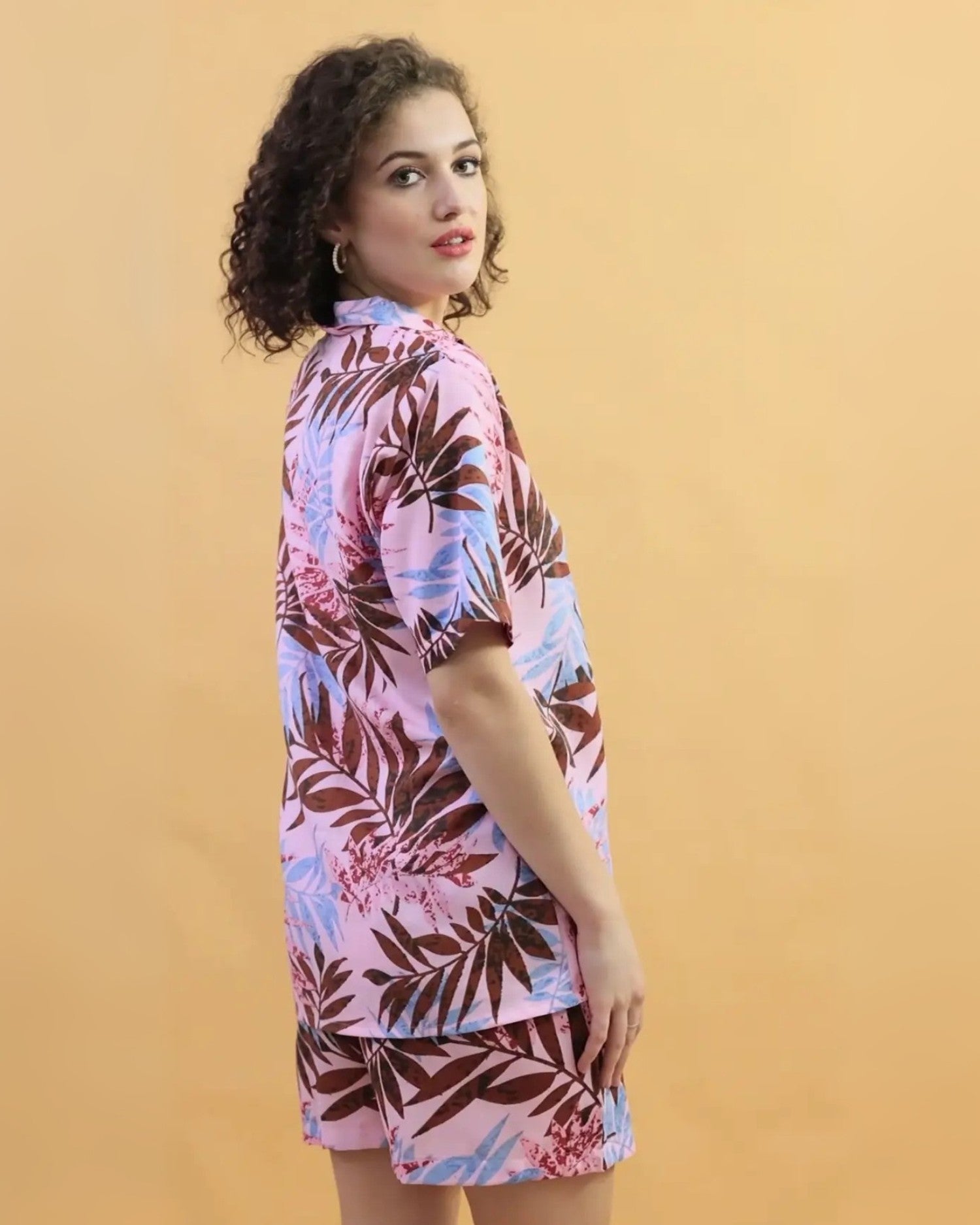 Pink Leaf Shorts Set