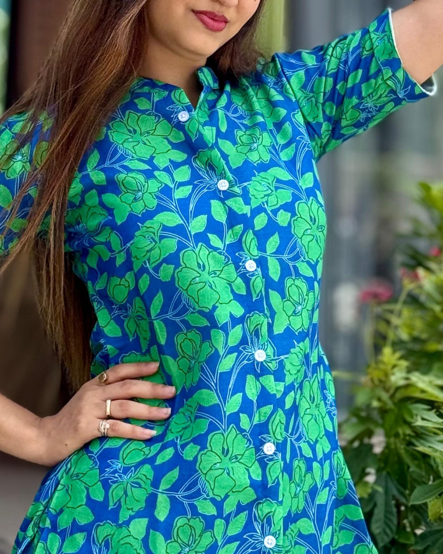 Green Floral Cotton Short Top