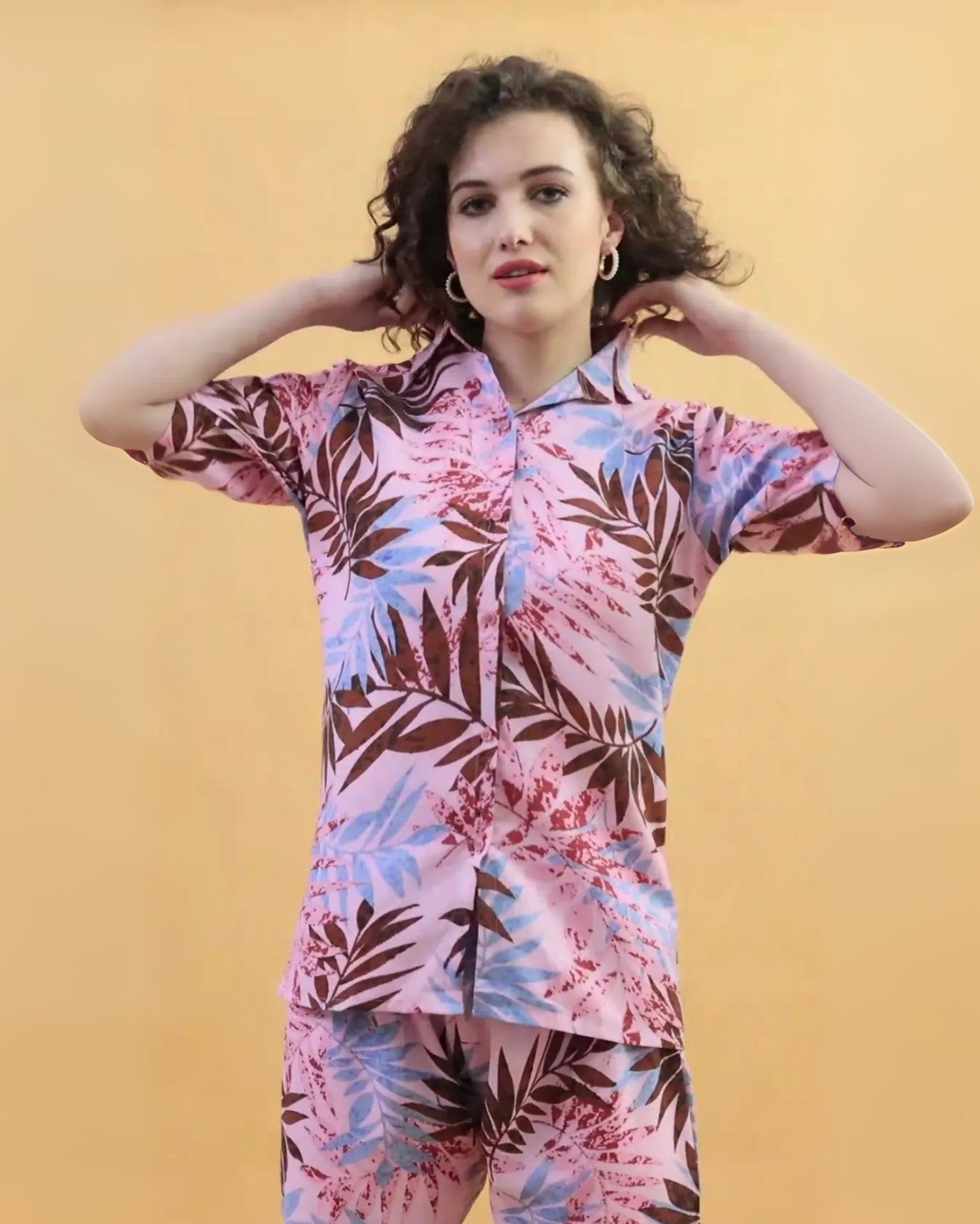 Pink Leaf Shorts Set