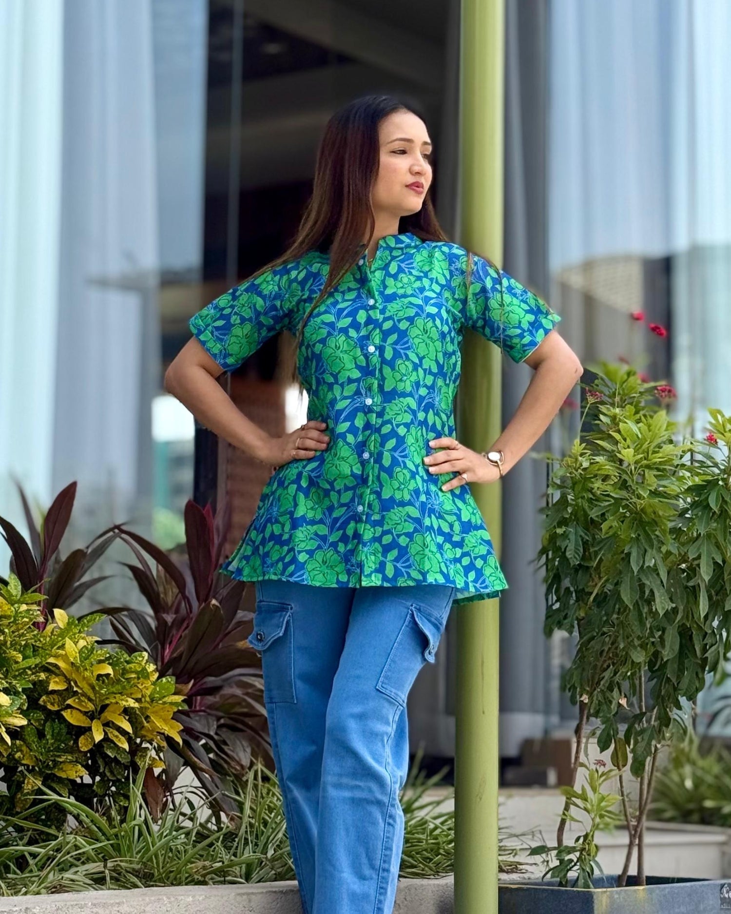 Green Floral Cotton Short Top