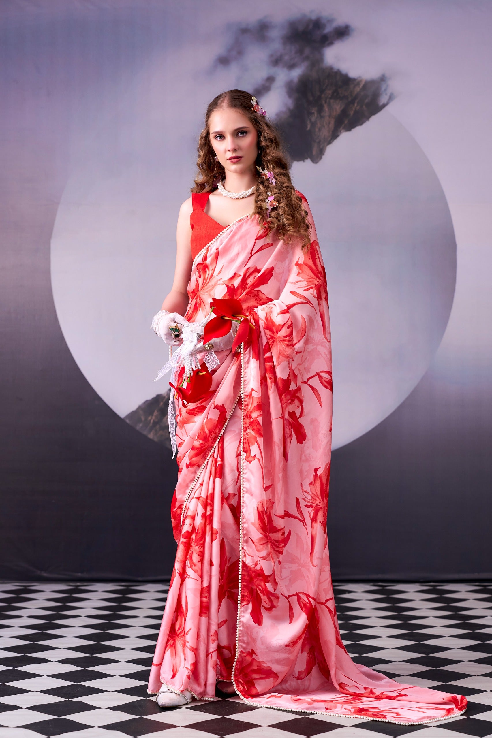 Satin Silk Floral Print Saree with Pearl Lace Border – KALKI-04.699SS