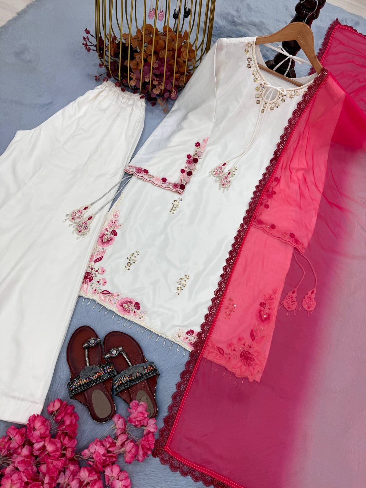 Designer Crepe Silk Embroidered Palazzo Set with Shaded Chiffon Dupatta | Party Wear for Women | TIGIQ