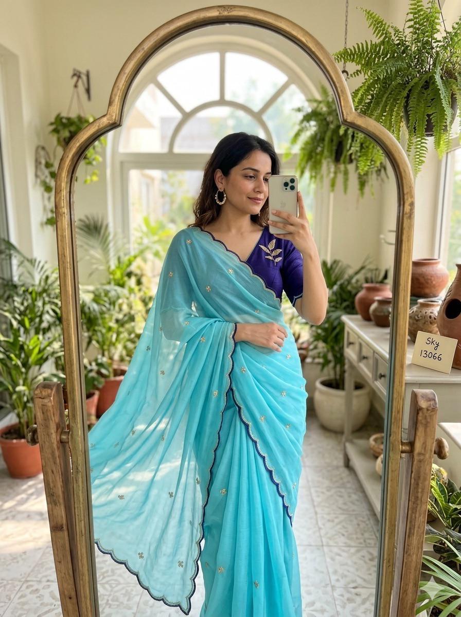 Chinon Silk Embroidery Saree with Contrast Blouse – DHURANDAR.650SSVF