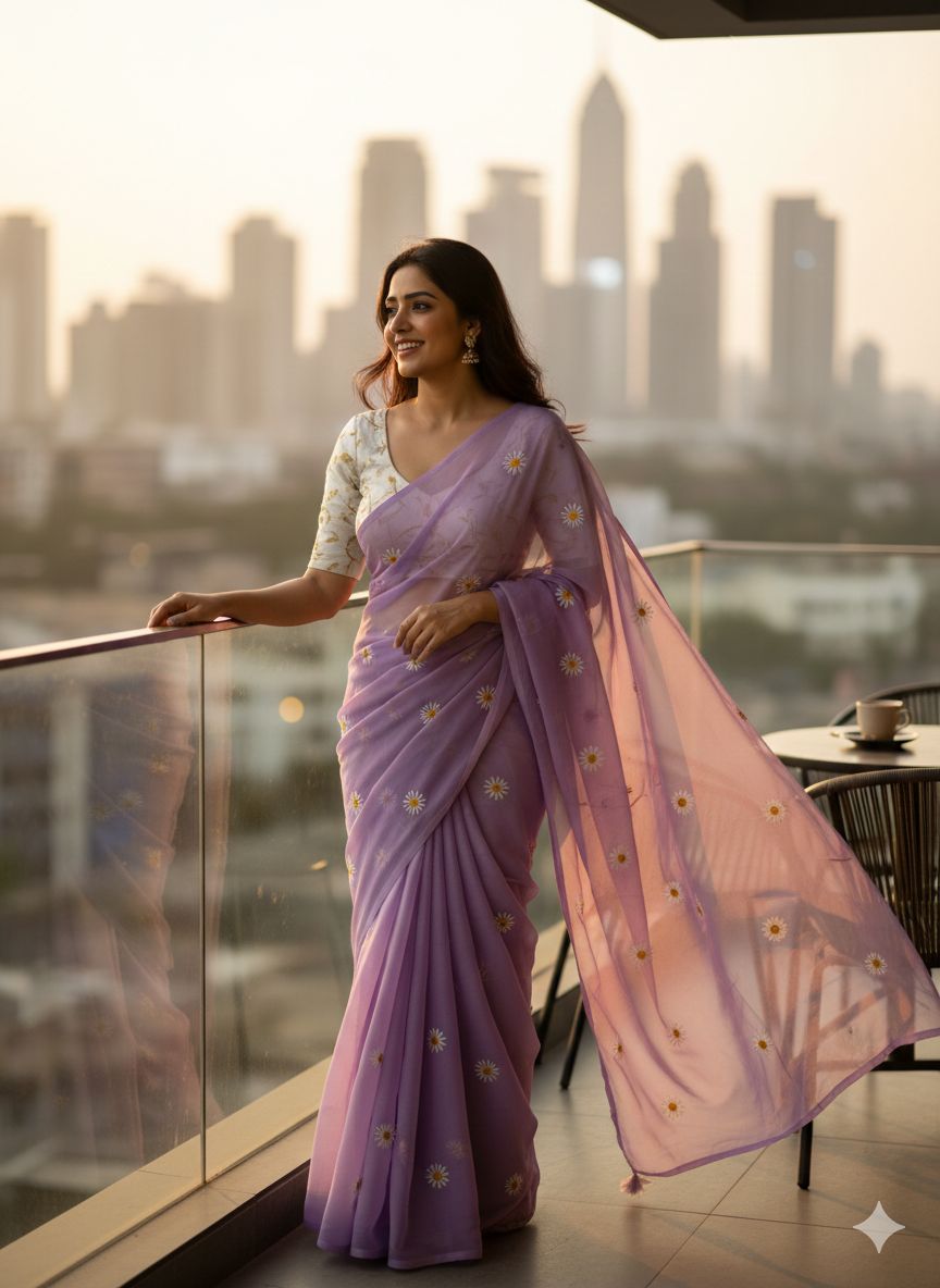 Georgette Sunflower Embroidery Saree_500SSVF