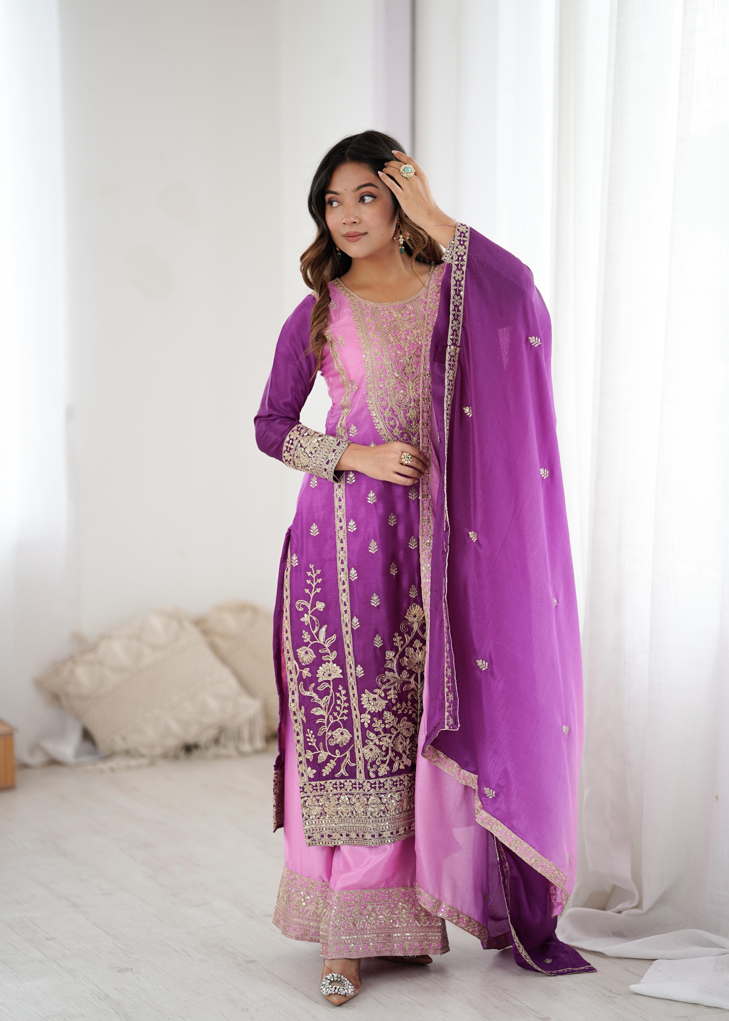 Premium Chinon Silk Embroidered Kurti Plazzo Set with Dupatta SSVF SP_36