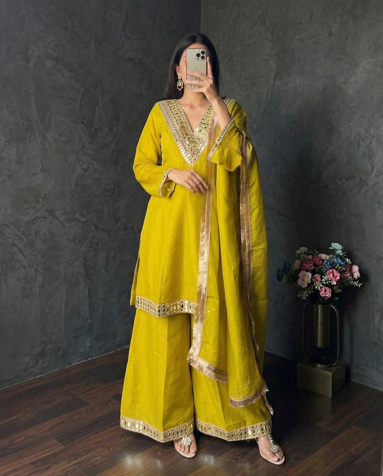 Designer Simmer Silk Suit Set with Mirror Work & Palazzo (KR- 1012 ssvf-1199)