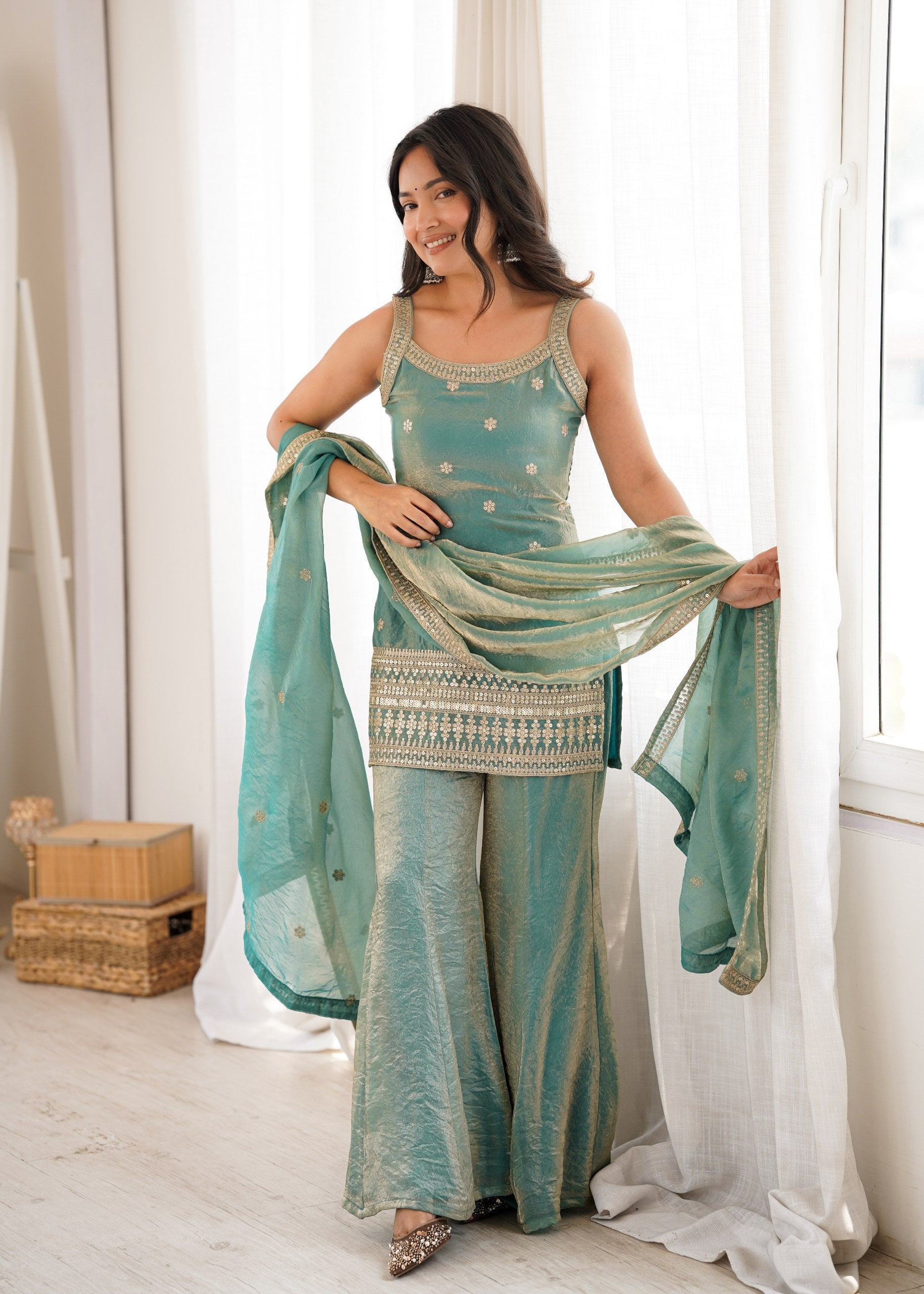 Designer Trendy Silk Embroidered Kurta Palazzo Set with Dupatta for Women | Sequence, Dori & Zari Work | RO1170