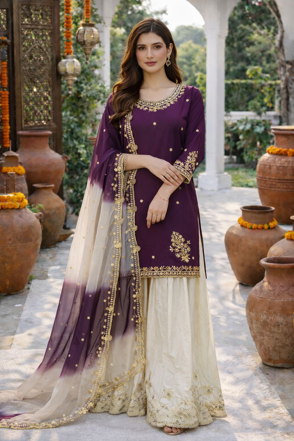 French Crepe Embroidered Kurti Set with Organza Dupatta ssvf_jL1041.1299