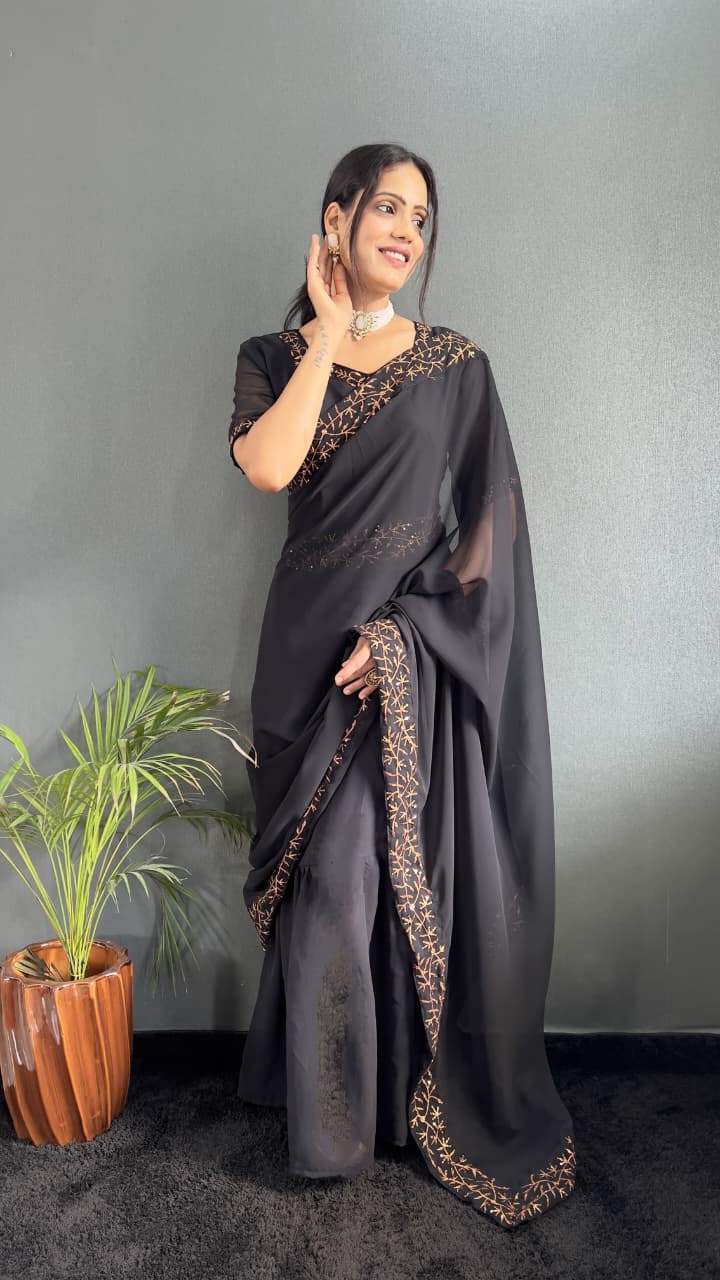 Georgette Embroidery Gown Saree with Sequence Work & Attached Pallu (HV-9203 ssvf.599)