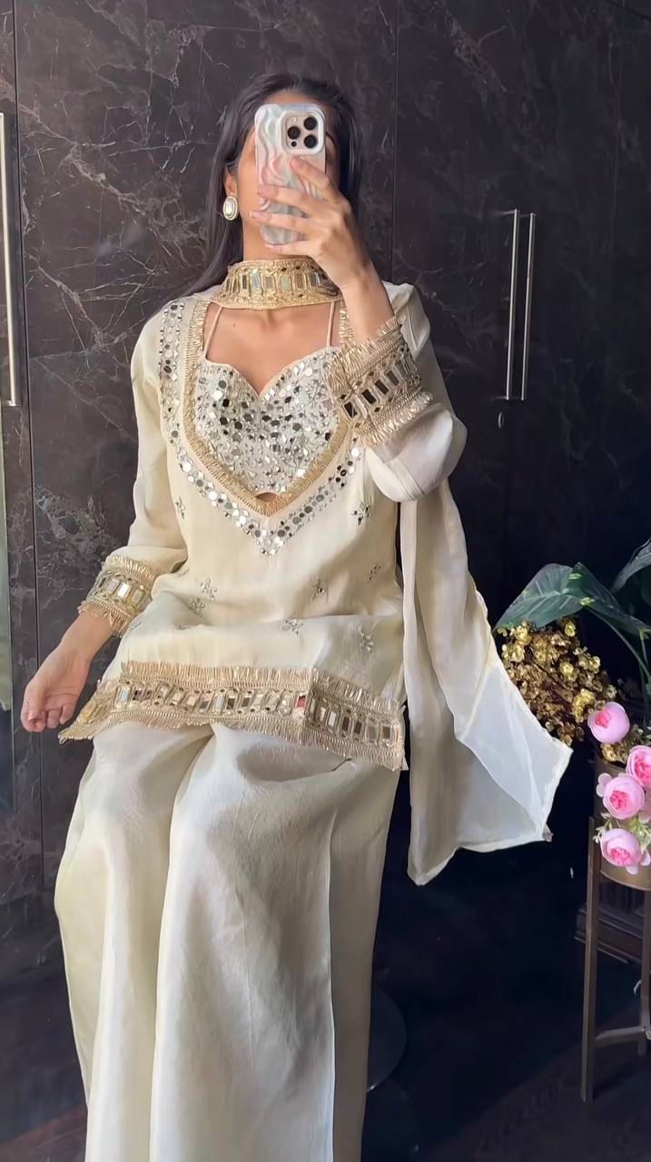 Elegant Chinon Party Wear Co-Ord Set with Bustier, Palazzo & Dupatta.