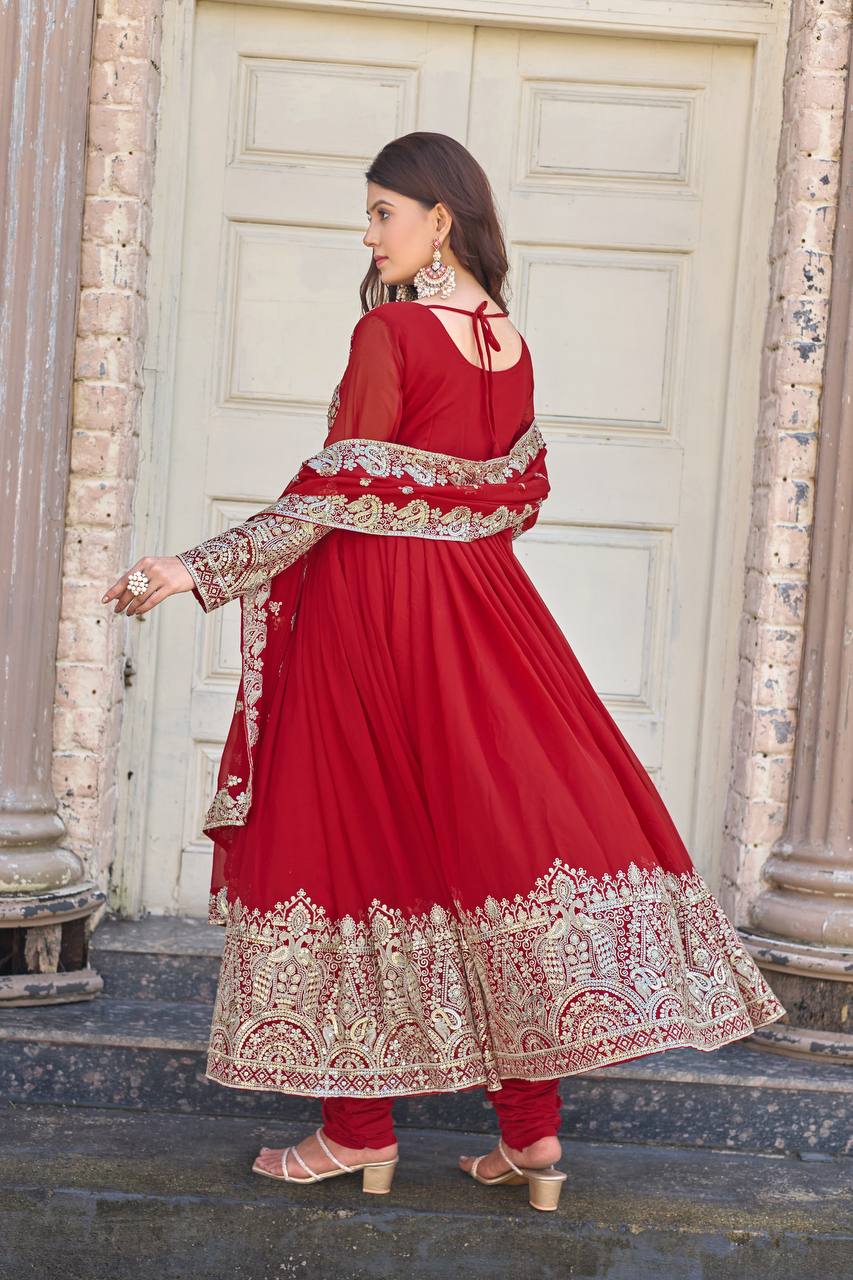 Elegant Party Wear Embroidered Georgette Anarkali Gown Set (Gown, Dupatta & Bottom)