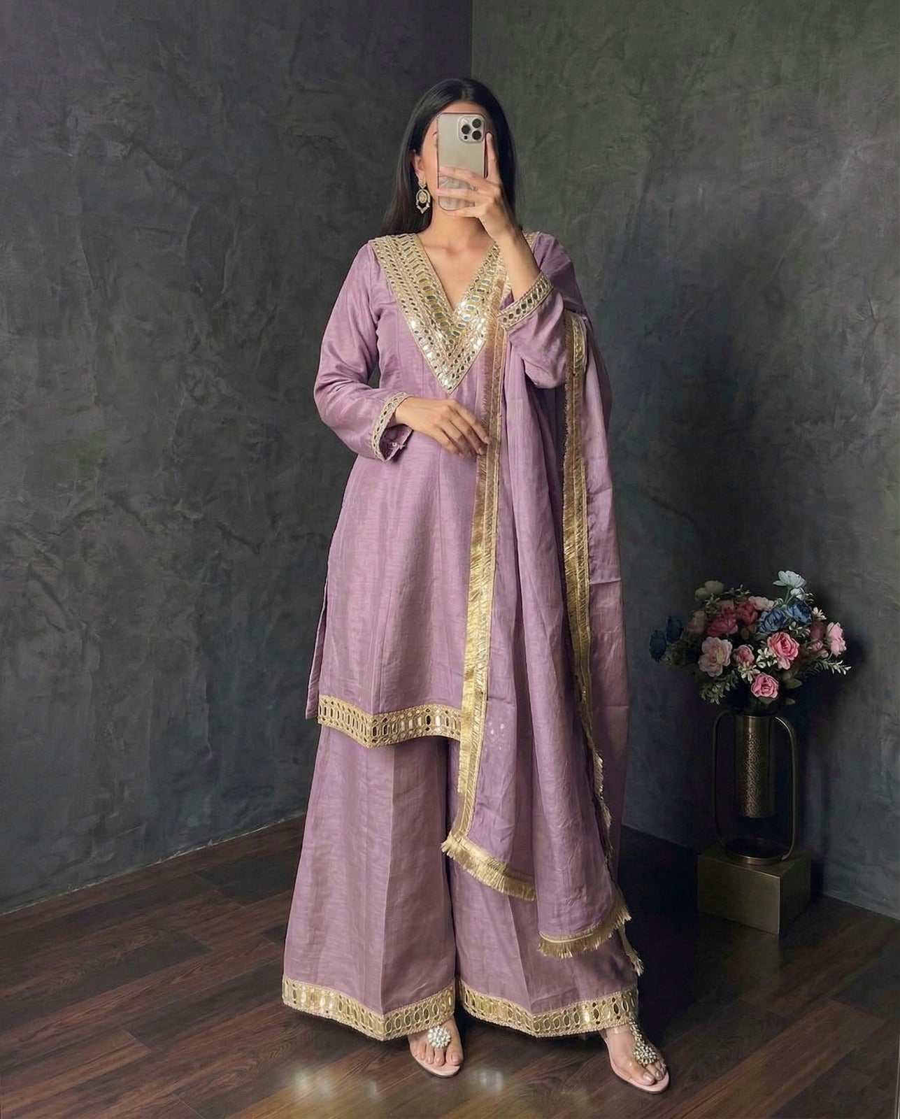 Designer Simmer Silk Suit Set with Mirror Work & Palazzo (KR- 1012 ssvf-1199)