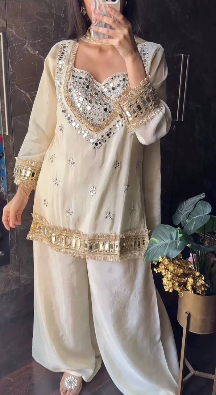 Elegant Chinon Party Wear Co-Ord Set with Bustier, Palazzo & Dupatta.
