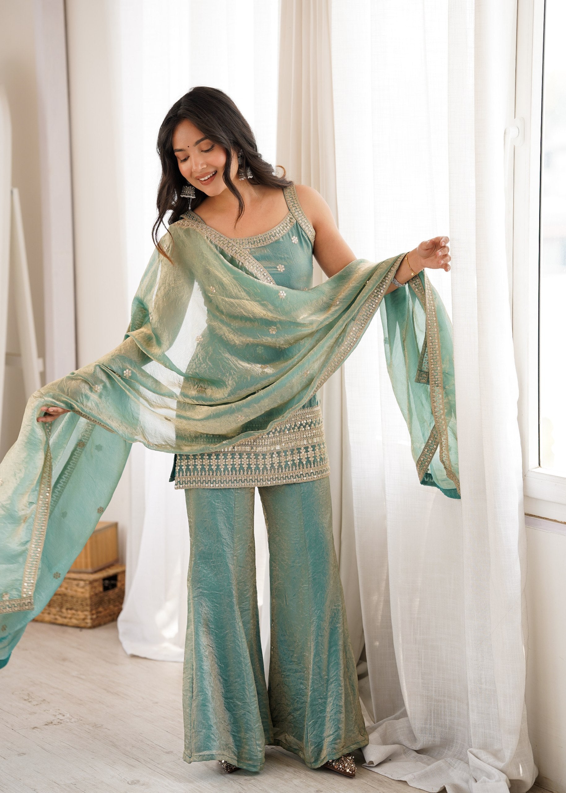 Designer Trendy Silk Embroidered Kurta Palazzo Set with Dupatta for Women | Sequence, Dori & Zari Work | RO1170