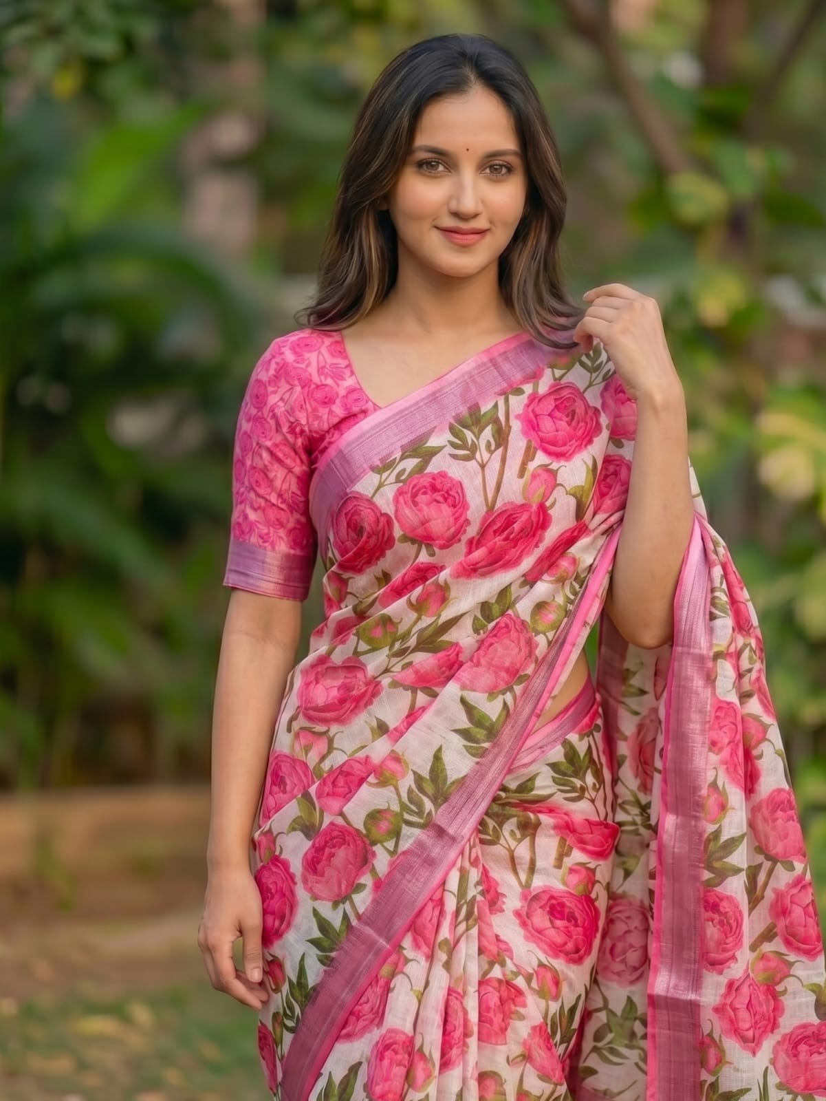 Linen Saree with Silver Jari Border – MG357.560SS
