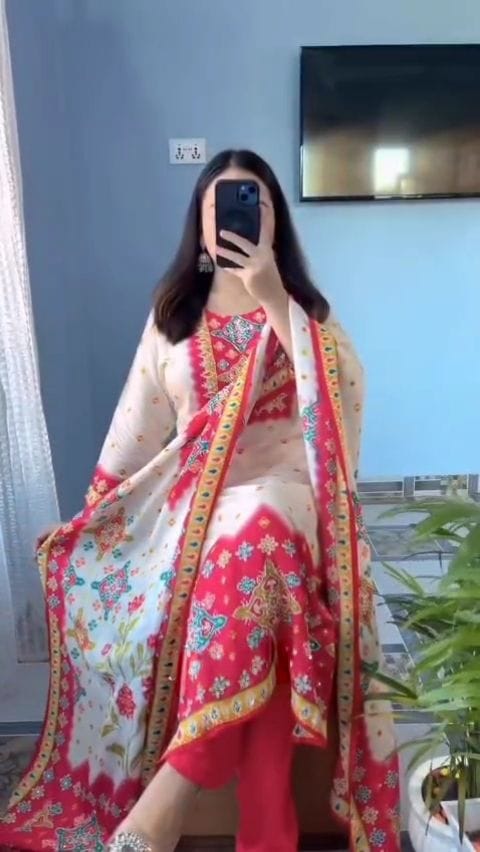 Premium Maslin Embroidered Suit Set with Original Mirror Work & Dupatta | Festive Ethnic Wear for Women.ssf1050