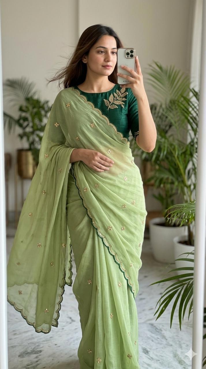 Chinon Silk Embroidery Saree with Contrast Blouse – DHURANDAR.650SSVF
