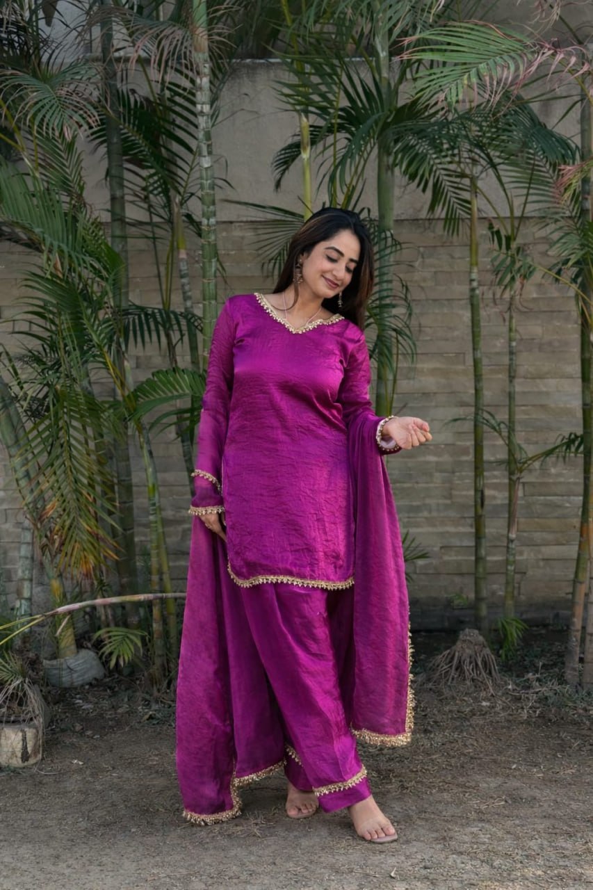 Premium Fendi Silk Embroidered Kurta Set with Mirror Work & Lace Border for Women-RO13902_1155