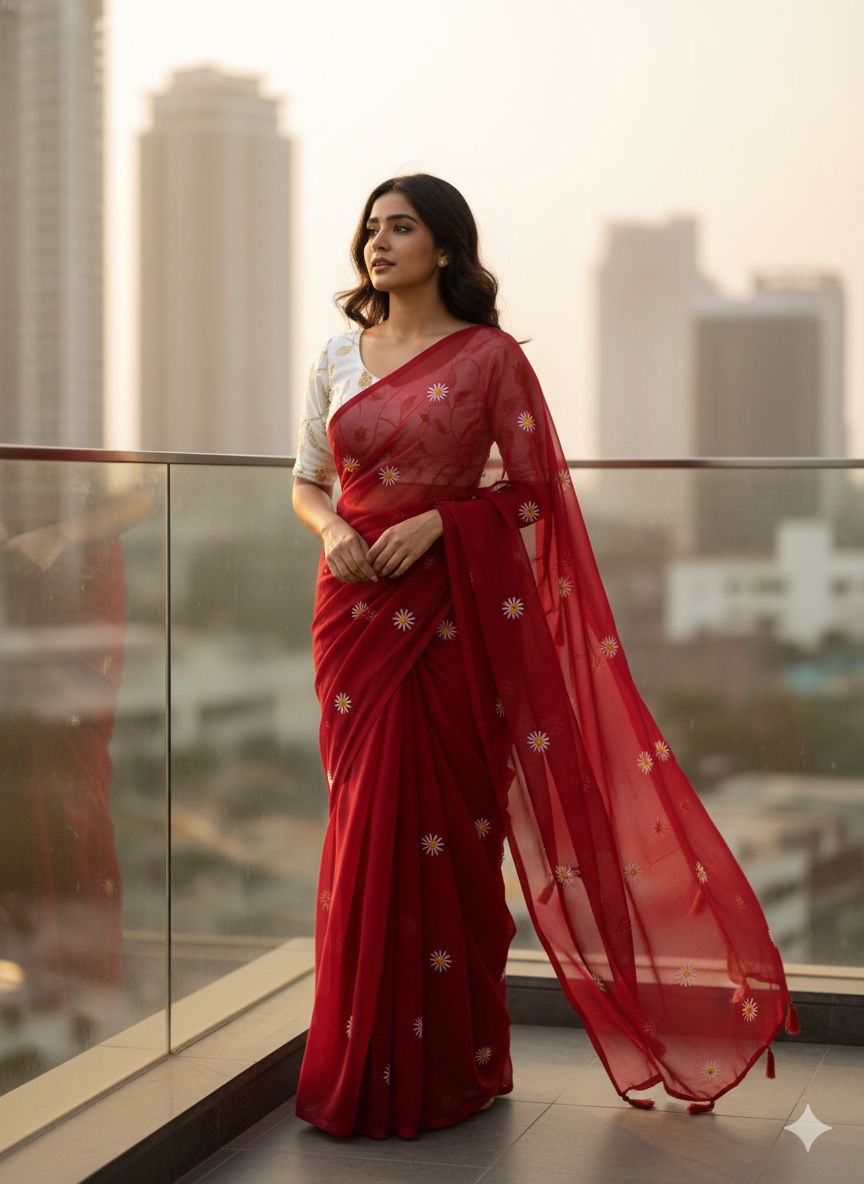 Georgette Sunflower Embroidery Saree_500SSVF