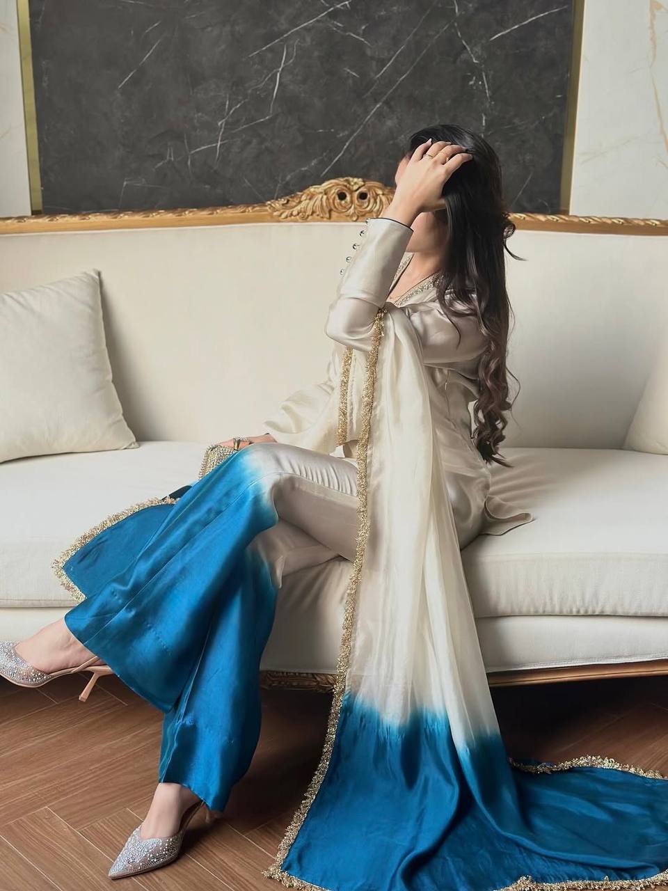 Designer Party Wear Roman Glass Embroidered Top Palazzo & Organza Dupatta Set for Women.RE1070