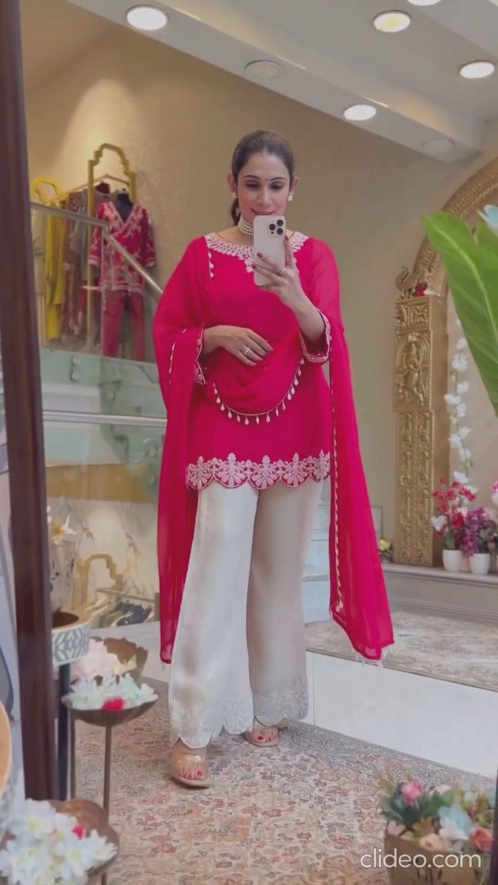 Embroidered Faux Georgette Top with Chinon Palazzo & Dupatta Set (AC-7081 ssvf-899)