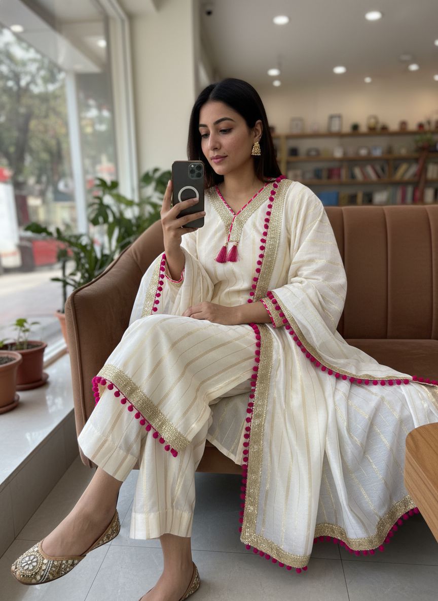 Premium Chanderi Silk 3 Piece Kurti Pant Dupatta Set ssvf.vf_228-999