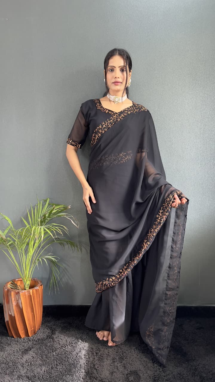 Georgette Embroidery Gown Saree with Sequence Work & Attached Pallu (HV-9203 ssvf.599)