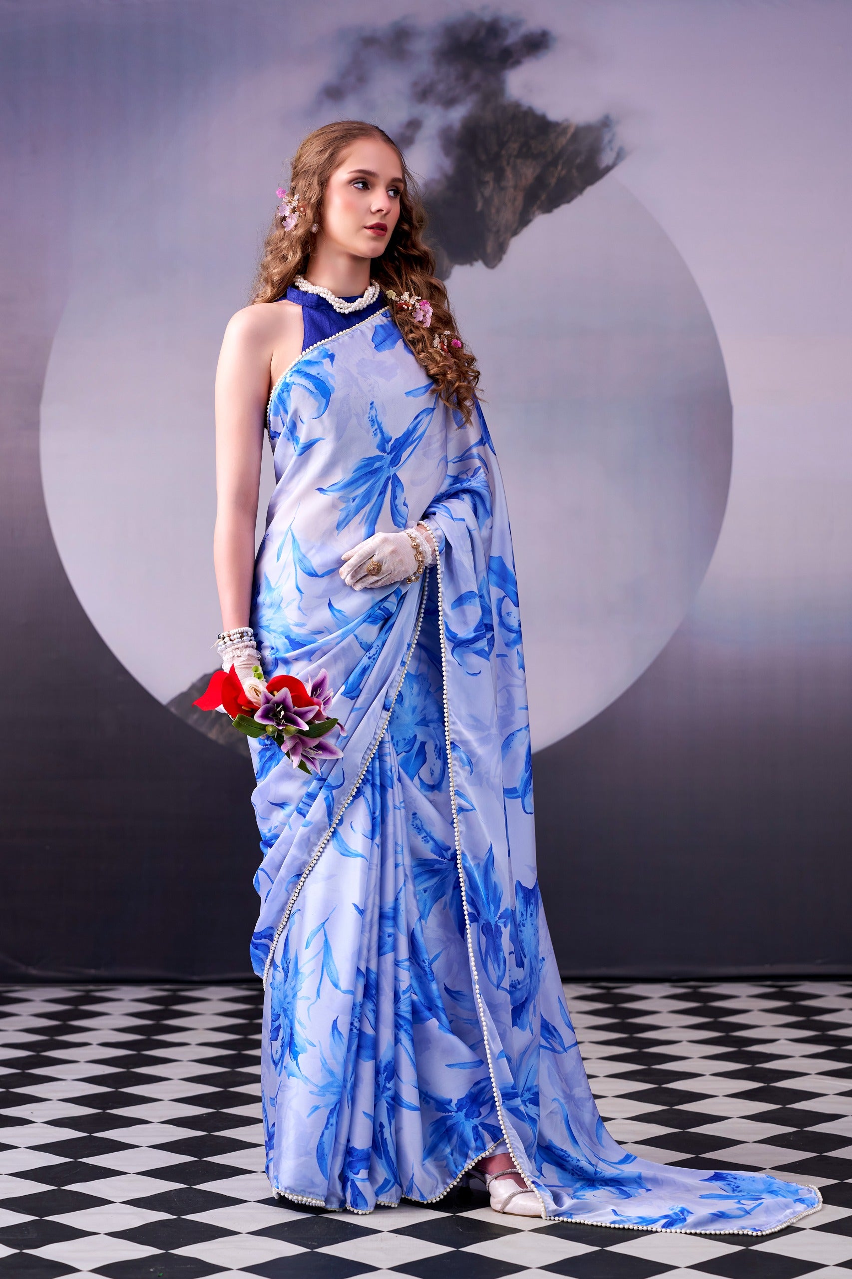 Satin Silk Floral Print Saree with Pearl Lace Border – KALKI-04.699SS