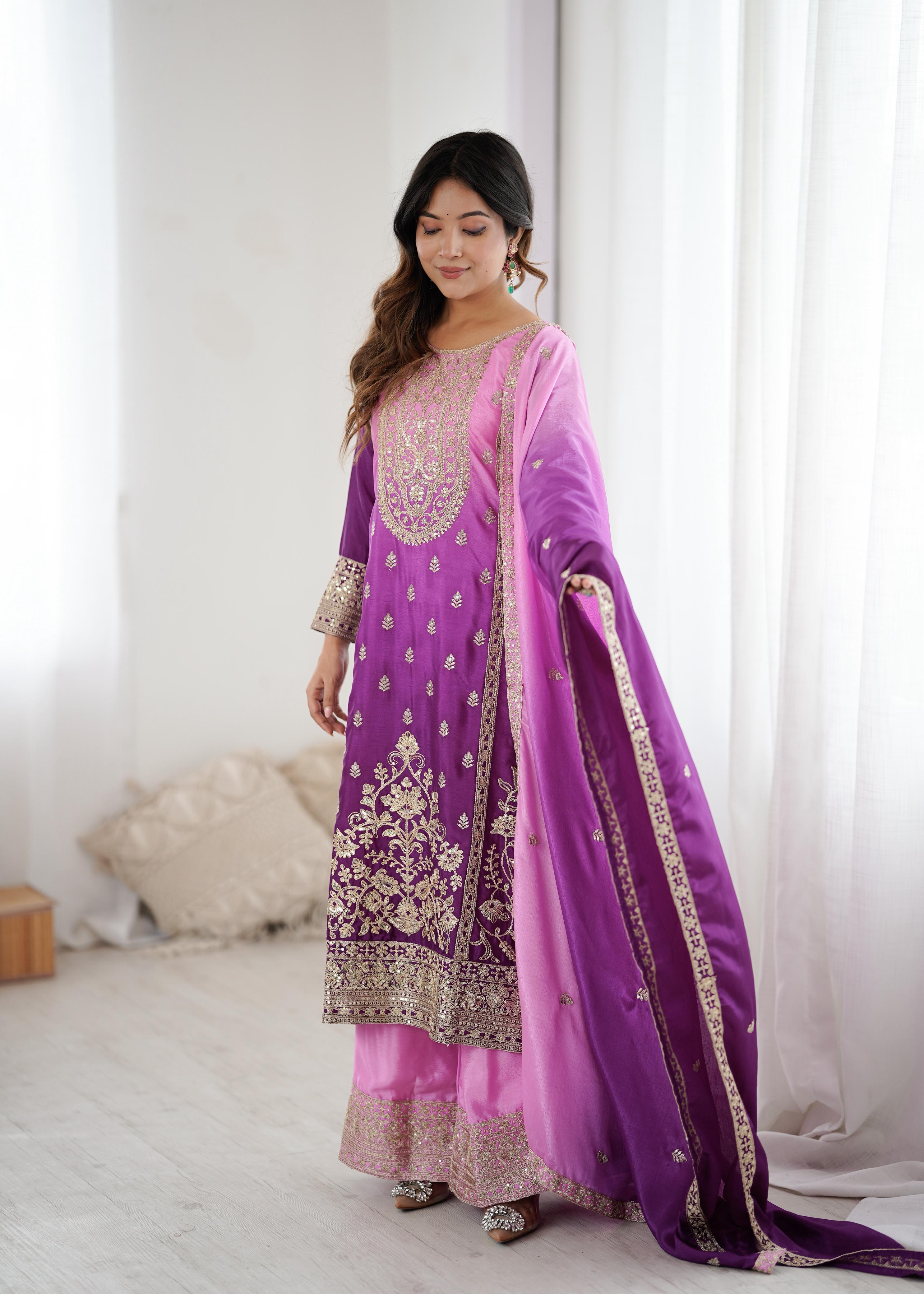 Premium Chinon Silk Embroidered Kurti Plazzo Set with Dupatta SSVF SP_36