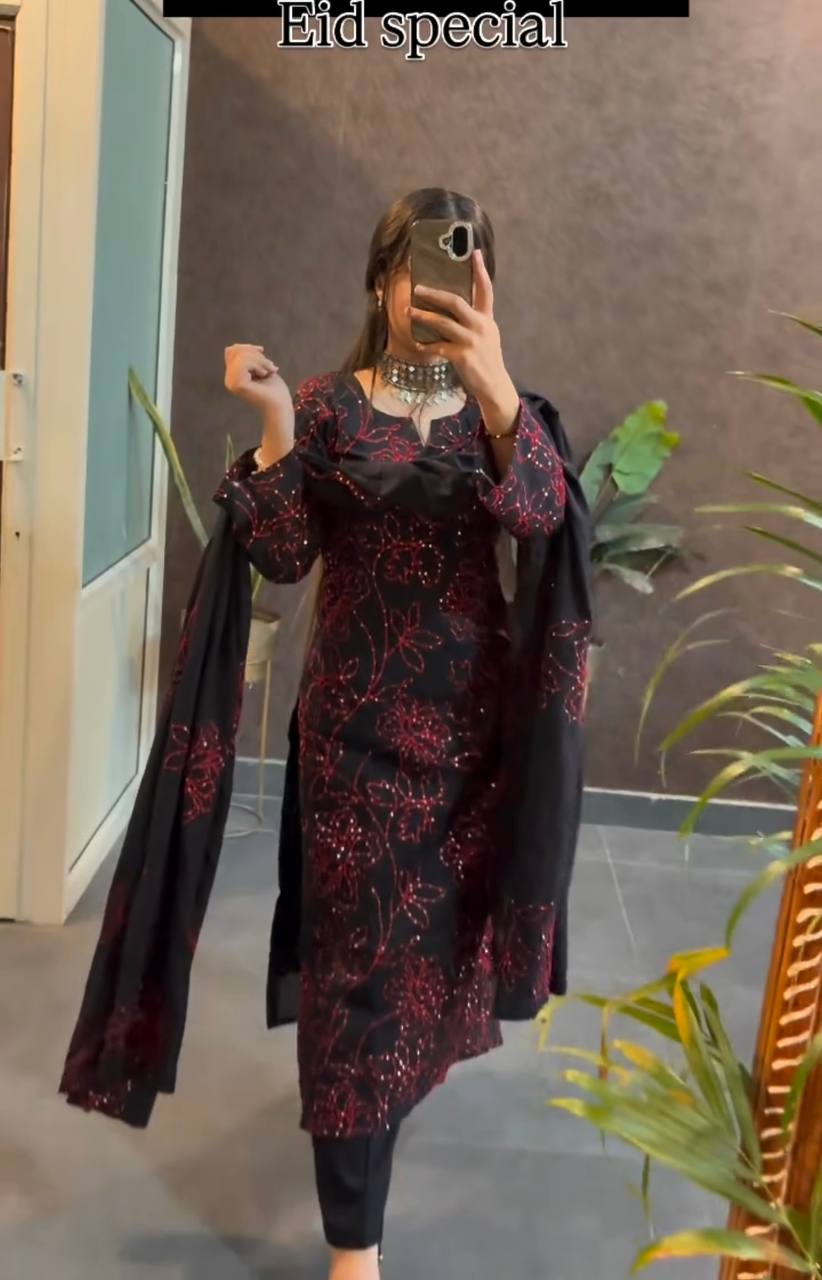Roman Silk Embroidered Suit with Cutwork Dupatta